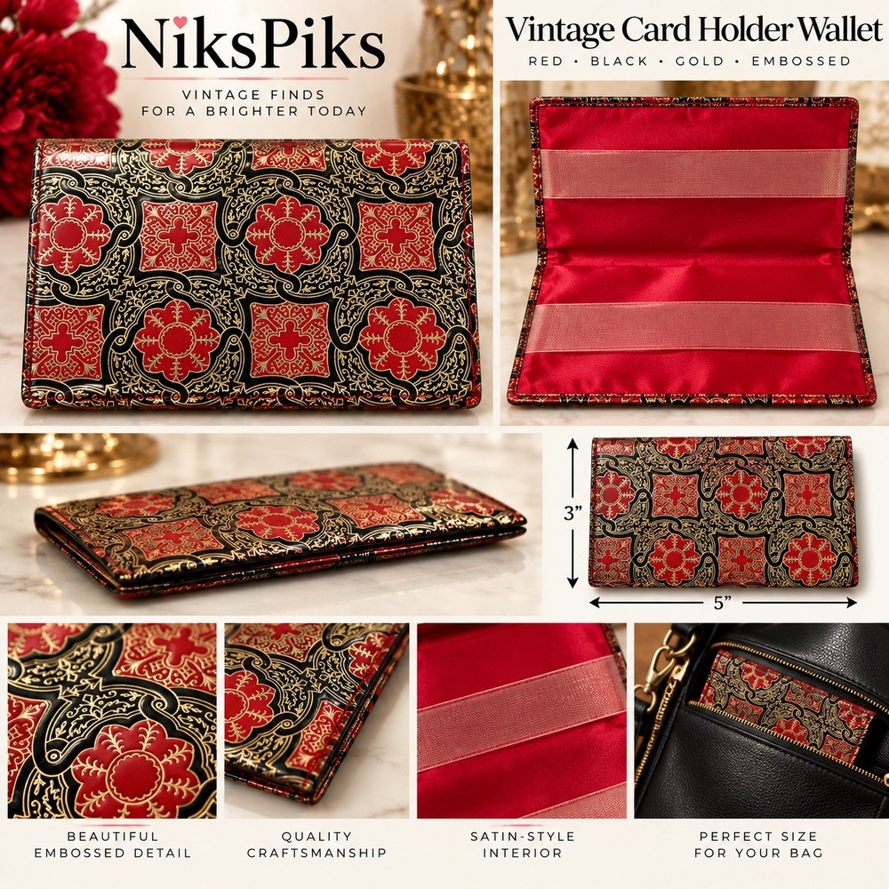 Vintage Red Black Gold Card Holder Wallet Embossed Floral Slim Case